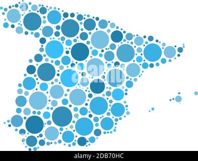 Spagna mappa mosaico di cerchi di varie dimensioni. Mappa vettoriale blu punteggiata su sfondo bianco. Illustrazione Vettoriale