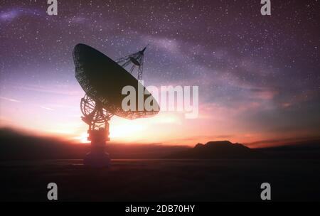 Enorme antenna satellitare piatto per la comunicazione e la ricezione del segnale al di fuori del pianeta Terra. Osservatorio per la ricerca del segnale radio nello spazio al tramonto. Foto Stock