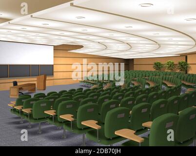 Illustrazione in 3D di un anfiteatro o di una classe di una sala per conferenze vuota, per gli ambienti scolastici e universitari. Foto Stock