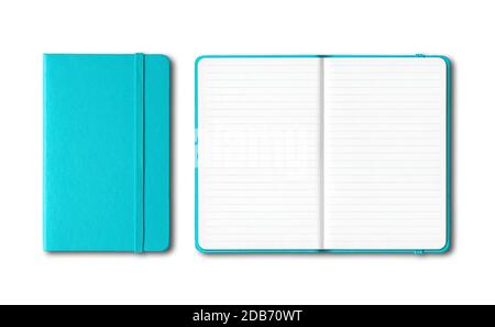 Aqua blu chiuso e aperto notebook mockup isolato su bianco Foto Stock