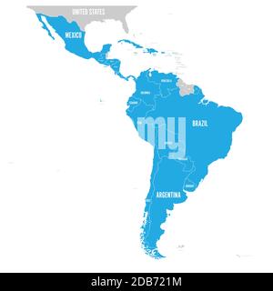 Mappa politica dell'America Latina. stati latino-americani evidenziati in blu nella mappa del Sud America, America Centrale e Caraibi. Illustrazione vettoriale. Illustrazione Vettoriale