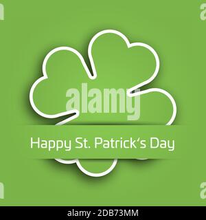 Tagliare quattro fogli di trifoglio attaccati nella tasca di carta verde. Tessera St Patricks Day con etichetta di testo. Illustrazione vettoriale EPS10. Illustrazione Vettoriale