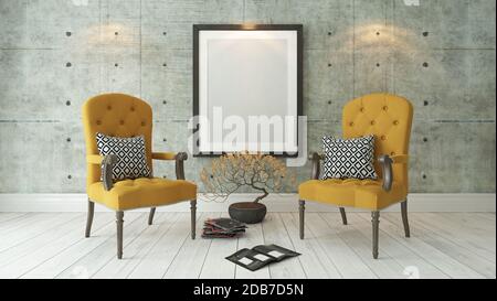 Cornici con doppio giallo bergere e parete in cemento decor, sfondo, modello di progettazione Foto Stock