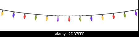Decorazione di luci colorate di Natale. Le luci a colori si illuminano su striscione bianco lungo. Elementi di design luminosi. Lampadina incandescente per carte, striscioni, poster Illustrazione Vettoriale