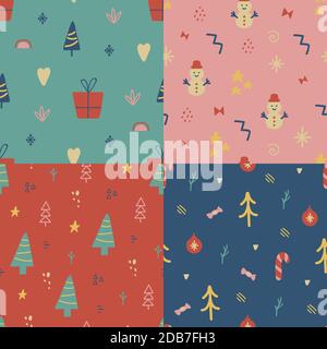 Collezione di motivi senza giunture natalizie. Texture unica disegnata a mano per il biglietto d'auguri. Elementi di design per le vacanze invernali. Decorazione festa di celebrazione Illustrazione Vettoriale