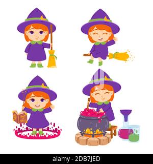 Carino strega rossa con scopa, cappello, libro di incantesimi, bacchetta magica e pentola. La stregone sta ferendo pozioni. Set di elementi per Halloween. Vettore Illustrazione Vettoriale