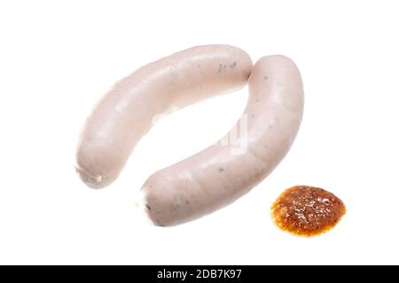 Salsicce di vitello bavaresi Weißwurst con senape bianca dolce isolata Foto Stock