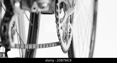 Pignone con catena biiciclica in primo piano in bianco e nero Foto Stock