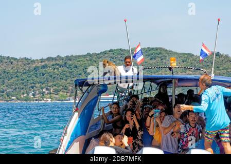 Barca turistica con turisti che fotografano scimmie sull'isola di Koh Phi Phi in Thailandia - 24 gennaio 2020 Foto Stock