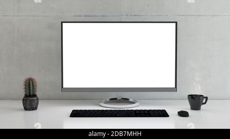 Computer su scrivania con caffè, cactus e pareti in cemento rendering 3D Foto Stock