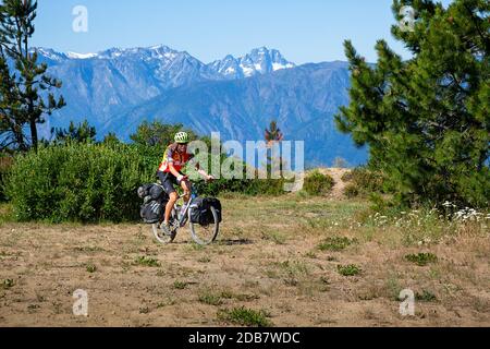 WA18135-00...WASHINGTON - ciclista che attraversa un affluenza lungo la Chumstick Mountain Road nelle Entiat Mountains della Wenatchee National Forest. Foto Stock