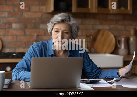 Donna matura sorridente che usa un computer portatile, che controlla i documenti finanziari a casa Foto Stock