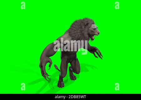 Personaggio fantasy umanoide Leone in posa epica - rendering 3D su sfondo nero Foto Stock