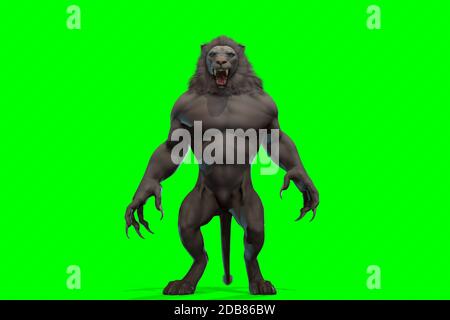 Personaggio fantasy umanoide Leone in posa epica - rendering 3D su sfondo nero Foto Stock