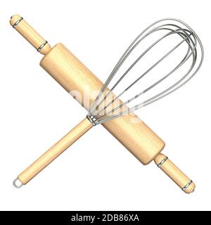 Il perno di laminazione in legno e il filo metallico in acciaio rendono l'illustrazione isolata su sfondo bianco Foto Stock