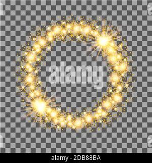 Oro glow glitter telaio a cerchio con stelle su sfondo trasparente. Illustrazione Vettoriale. Foto Stock