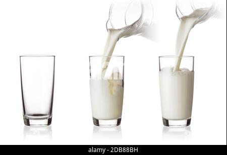 Processo di riempimento di un bicchiere di latte della caraffa isolata su uno sfondo bianco Foto Stock