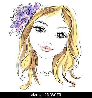 Disegnata a mano bellissima ragazza con fiore nei capelli. Illustrazione Vettoriale. T-shirt print Foto Stock