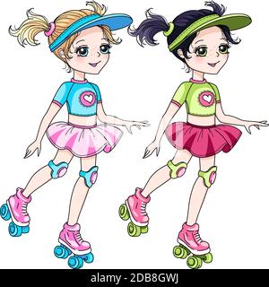 Vector carino bionda e bruna baby ragazze in gonna con i rollerblade Foto Stock