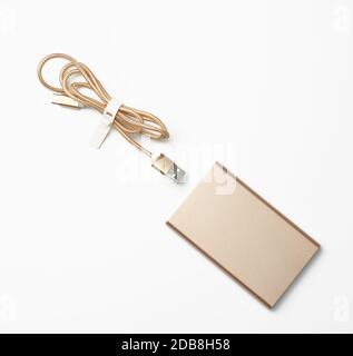 power bank e cavo golden con connettore usb per ricaricare i dispositivi mobili su sfondo bianco, vista dall'alto Foto Stock