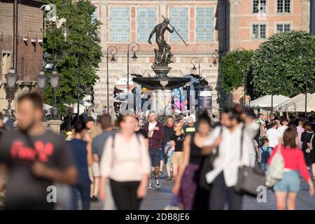 La manierista fiamminga Fontanna Neptuna (Fontana di Nettuno) e il manierista Brama Zielona (Cancello verde) su Dlugi Targ (mercato lungo) Città principale nel centro storico Foto Stock