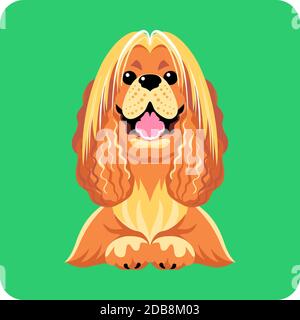 Vettore cane rosso American Cocker Spaniel con cappotto marrone mentire design piatto con icona in basso Foto Stock