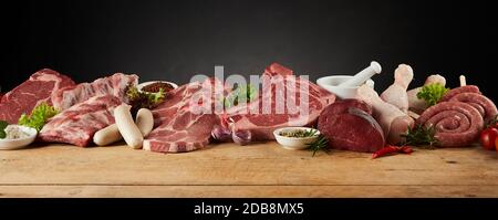 Esposizione di carni crude assortite per grigliare o grigliare con maiale, tagli di manzo, pollo, salsicce, spezie ed erbe in un ampio banner panoramico con c Foto Stock