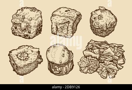 Set di sushi e panini. Illustrazione vettoriale dello schizzo del cibo asiatico Illustrazione Vettoriale