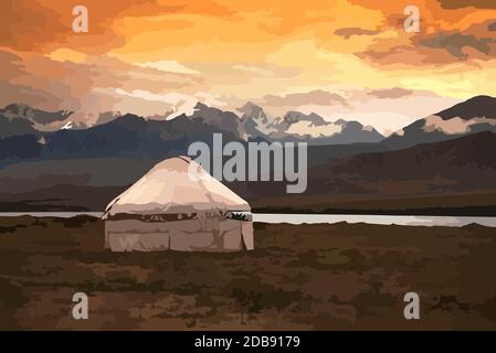 Vista della Mongolia. Yurts tradizionali abitazioni mongolo in steppa mongolo. Montagne sullo sfondo. Schizzo di viaggio. Penna a pennello grafica art. Disegnata a mano Foto Stock