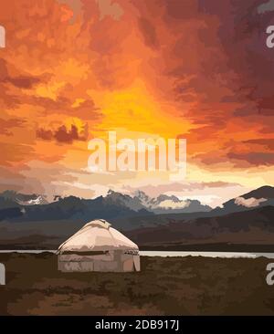 Vista della Mongolia. Yurts tradizionali abitazioni mongolo in steppa mongolo. Montagne sullo sfondo. Schizzo di viaggio. Penna a pennello grafica art. Disegnata a mano Foto Stock