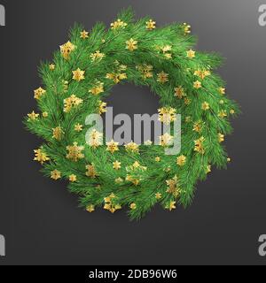 Corona di Natale fatta di rami di pino dall'aspetto realistico con fiocchi di neve d'oro su nero. File vettoriale EPS 10 Foto Stock
