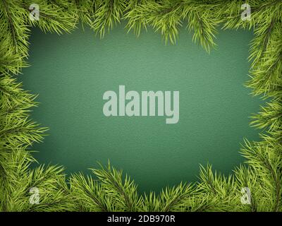 Scheda con bordo albero di Natale, realistico abete-tree rami cornice su sfondo verde. File vettoriale EPS 10 Foto Stock