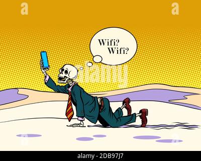Uomo d'affari skeleton in cerca di Wi-Fi. Fumetti caricatura pop art retro illustrazione disegno Foto Stock