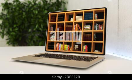 Notebook con libreria online rendering 3D realistico e profondo Foto Stock