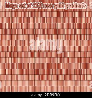 Set Mega composto da collezione 256 gradienti di oro rosa. Struttura metallica. Sfondo lucido. File vettoriale EPS 10 Foto Stock