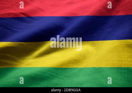 Primo piano di Ruffled Mauritius Flag, Mauritius Flag Blowing in Wind Foto Stock