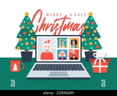 Saluto online di Natale. Persone che si riuniscono online con familiari o amici videochiamata su un portatile discussione virtuale. Buon Natale Illustrazione Vettoriale