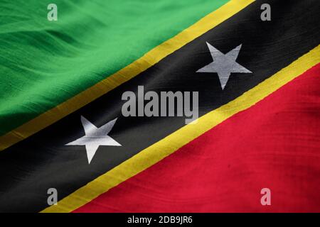 Primo piano di Saint Kitts Ruffled e Nevis Flag, Saint Kitts e Nevis Flag Blowing in Wind Foto Stock