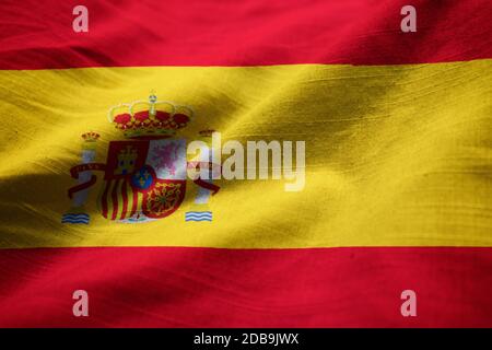 Primo piano di Ruffled Spain Flag, Spain Flag Blowing in Wind Foto Stock