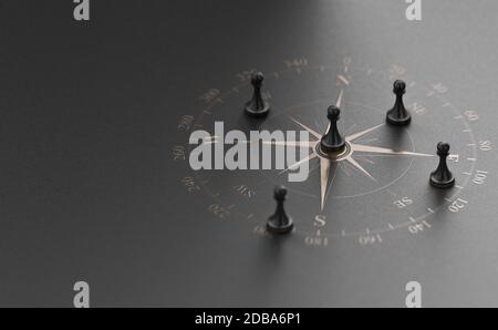 La bussola dorata sorse su sfondo nero con cinque pedine. Consulenza aziendale o concetto di marketing strategico. Figura 3D. Foto Stock