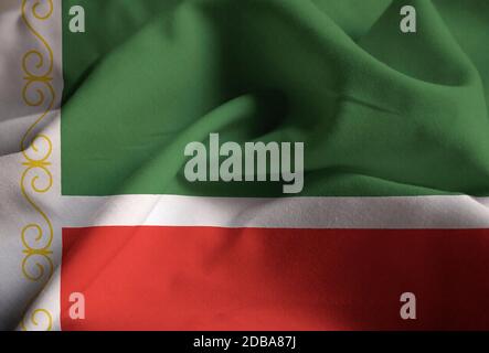 Primo piano della increspato Repubblica Cecena Bandiera, Repubblica Cecena bandiera soffiando nel vento Foto Stock