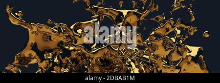 Rendering 3D, schizzi di liquidi di colore oro, sfondo fluido astratto Foto Stock