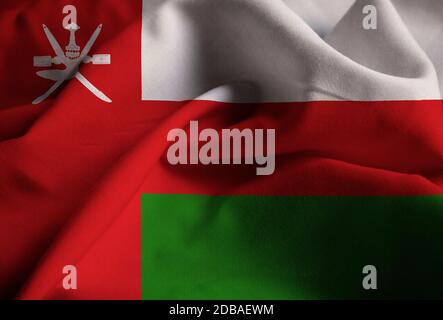 Primo piano di Ruffled Oman Flag, Oman Flag Blowing in Wind Foto Stock