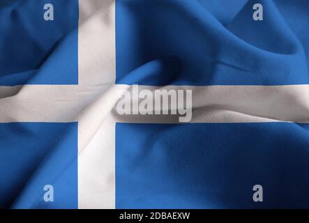 Closeup di Ruffled Shetland Flag, Shetland Flag soffiando in vento Foto Stock