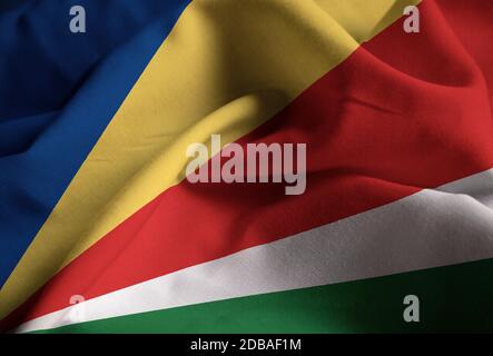 Closeup di Ruffled Seychelles Flag, Seychelles Flag Blowing in Wind Foto Stock