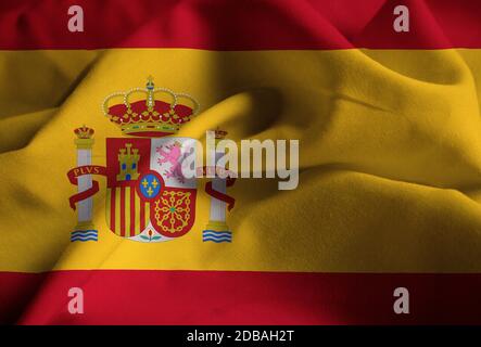 Primo piano di Ruffled Spain Flag, Spain Flag Blowing in Wind Foto Stock