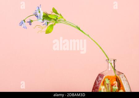 fiore artificiale in bottiglia di brandy in vetro dipinta a mano su sfondo color pastello pesca Foto Stock