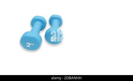 due manubri blu 2 kg. Attrezzature per il fitness per l'allenamento domestico e la flessibilità Foto Stock