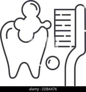 Icona di pulizia denti, illustrazione lineare isolata, vettore di linea sottile, segno di disegno web, simbolo di concetto di contorno con tratto modificabile su sfondo bianco. Illustrazione Vettoriale