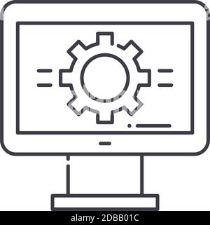 Icona del concetto di supporto tecnico, illustrazione isolata lineare, vettore di linea sottile, segno di disegno web, simbolo del concetto di contorno con tratto modificabile su bianco Illustrazione Vettoriale